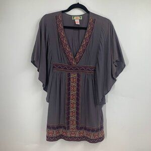 Flying Tomato Women's Boho Short Sleeve-Gray Embroidery top Size‎ S